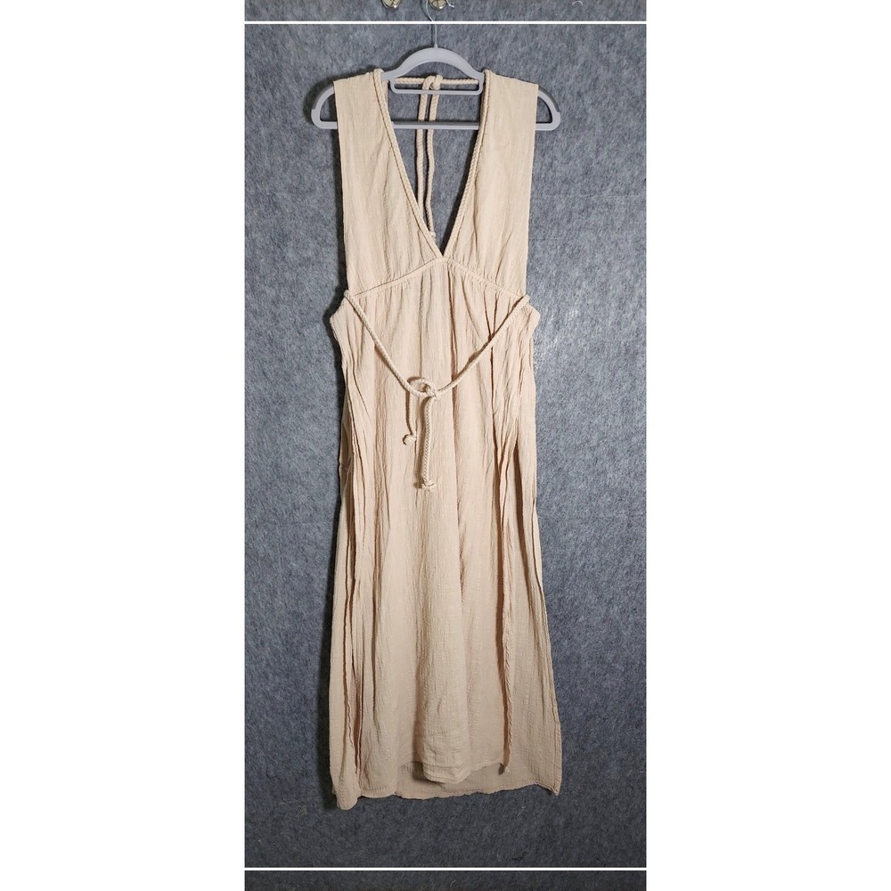 Shade & Shore Women Swim Cover Up L Beige Boho Braided Rope Tie Side Slit Gauze